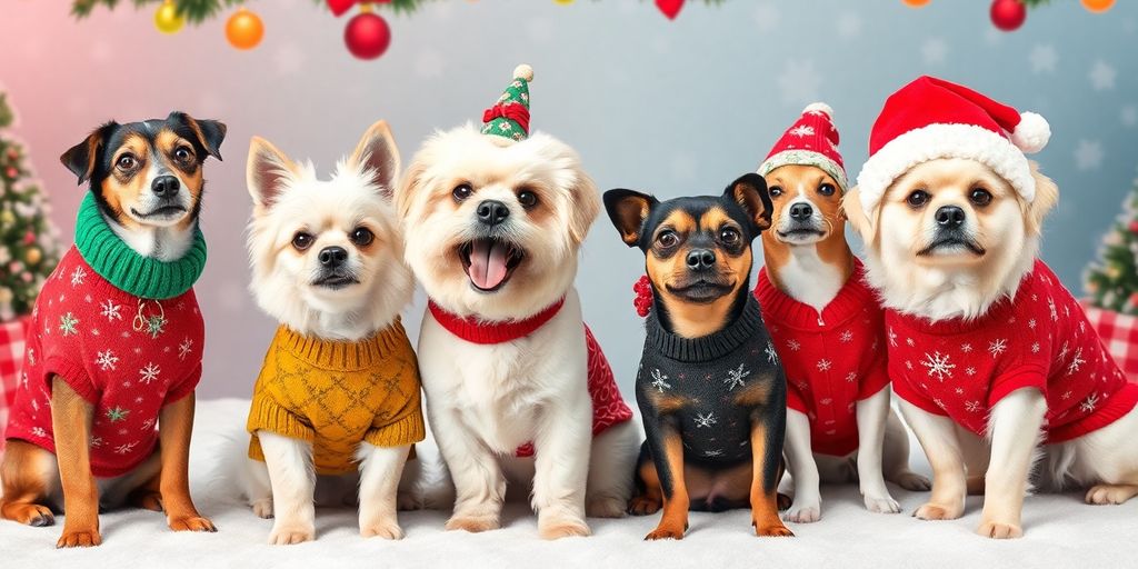 Dogs in stylish Christmas outfits celebrating the holidays.