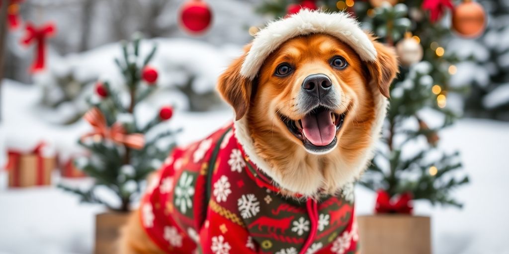 Dog in a Christmas hoodie with festive patterns.