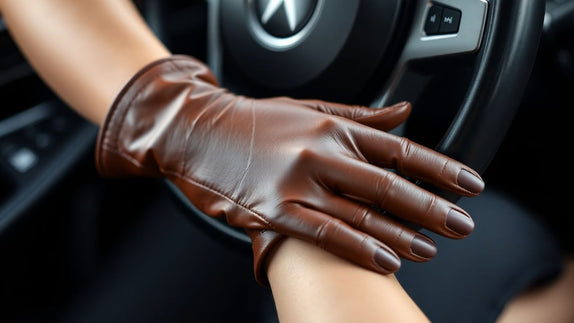 Woman wearing comfortable brown leather driving gloves.