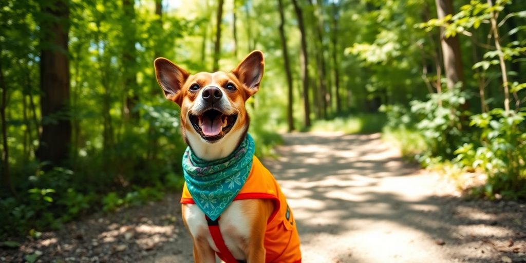 Dog wearing bright active wear on a sunny trail.