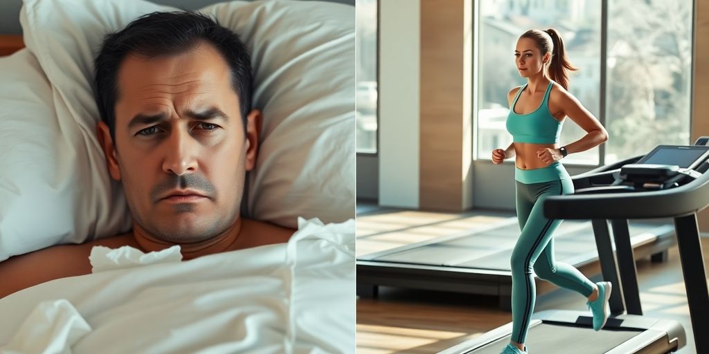 Man coughing, woman exercising.