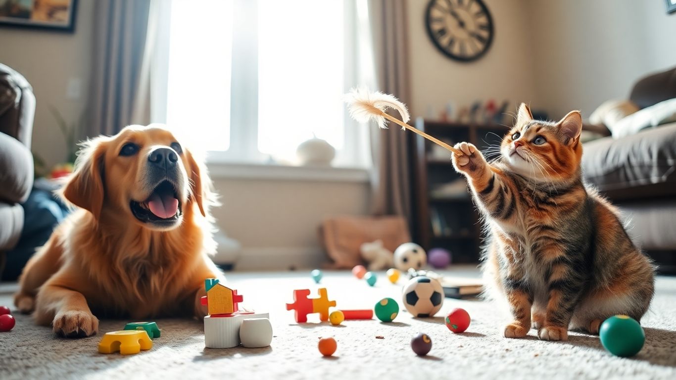 Dog and cat playing with toys indoors.