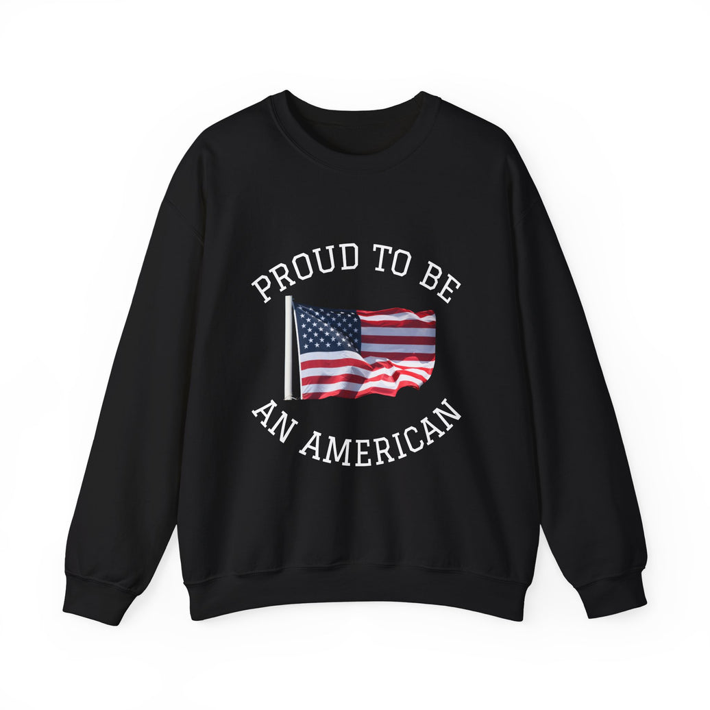Black sweatshirt with 'Proud to be an American' text and American flag design on a white background