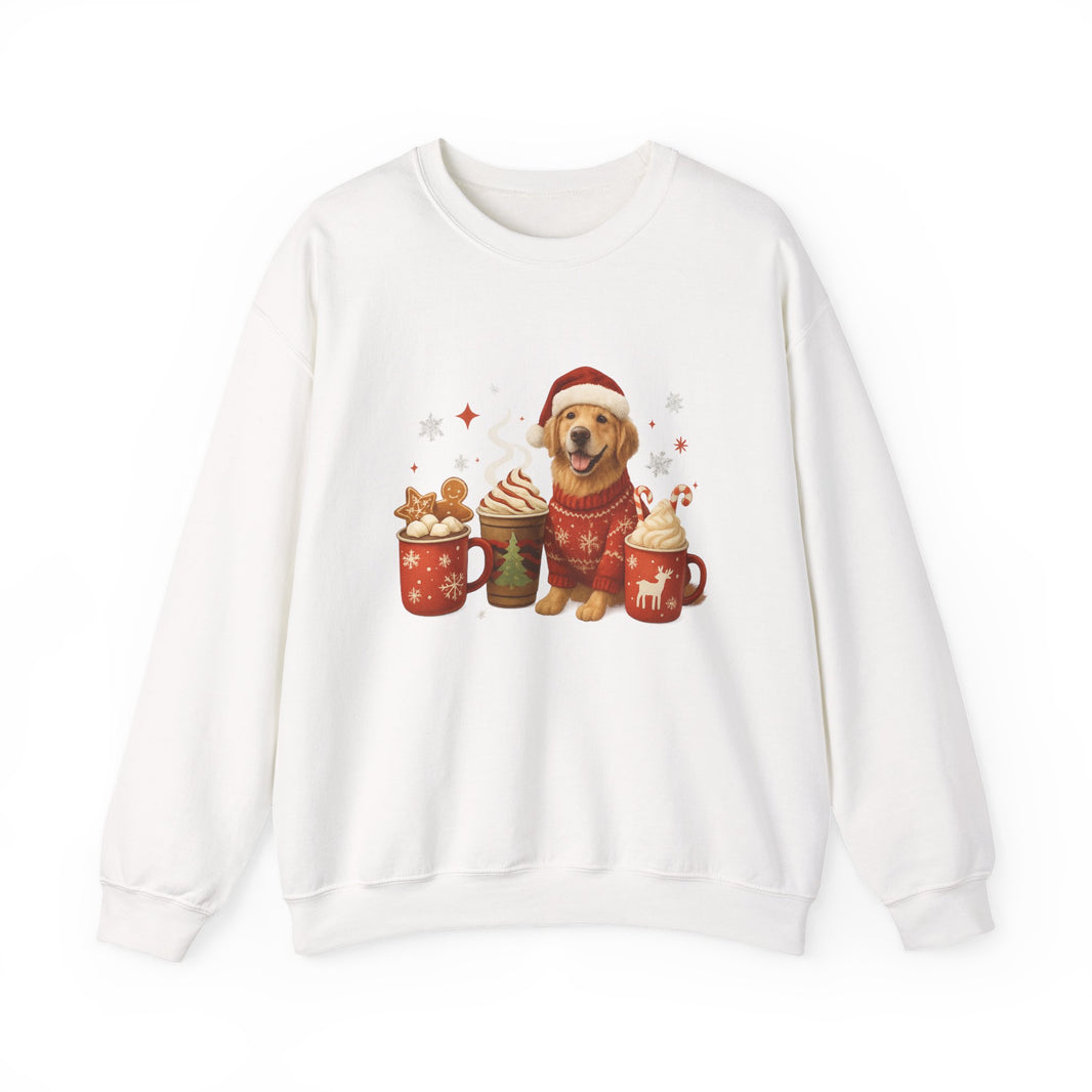 White sweatshirt with a festive dog and mug design on a white background