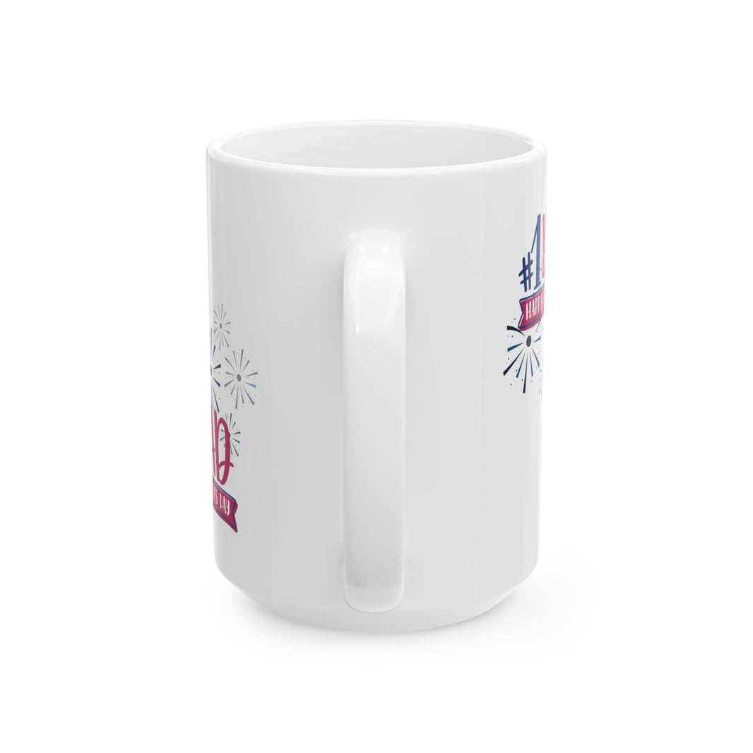 White ceramic mug with colorful #1 Dad and Happy Father’s Day message, accented with fireworks graphics, perfect for celebrating dads.