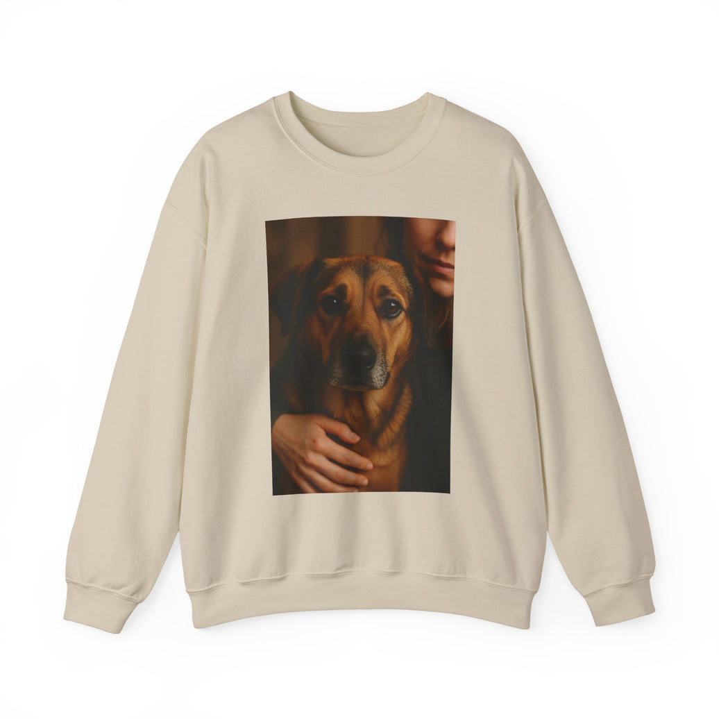 Beige sweatshirt with a graphic of a person holding a dog on a white background