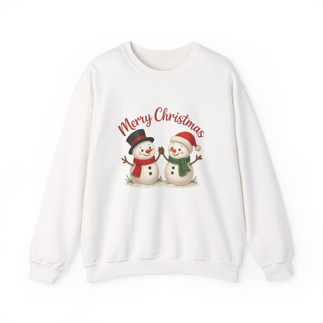 White sweatshirt with Christmas-themed design featuring two snowmen and 'Merry Christmas' text on a white background.