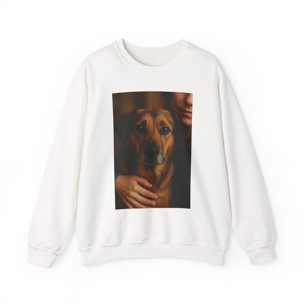 White sweatshirt with a graphic of a dog and person on a white background