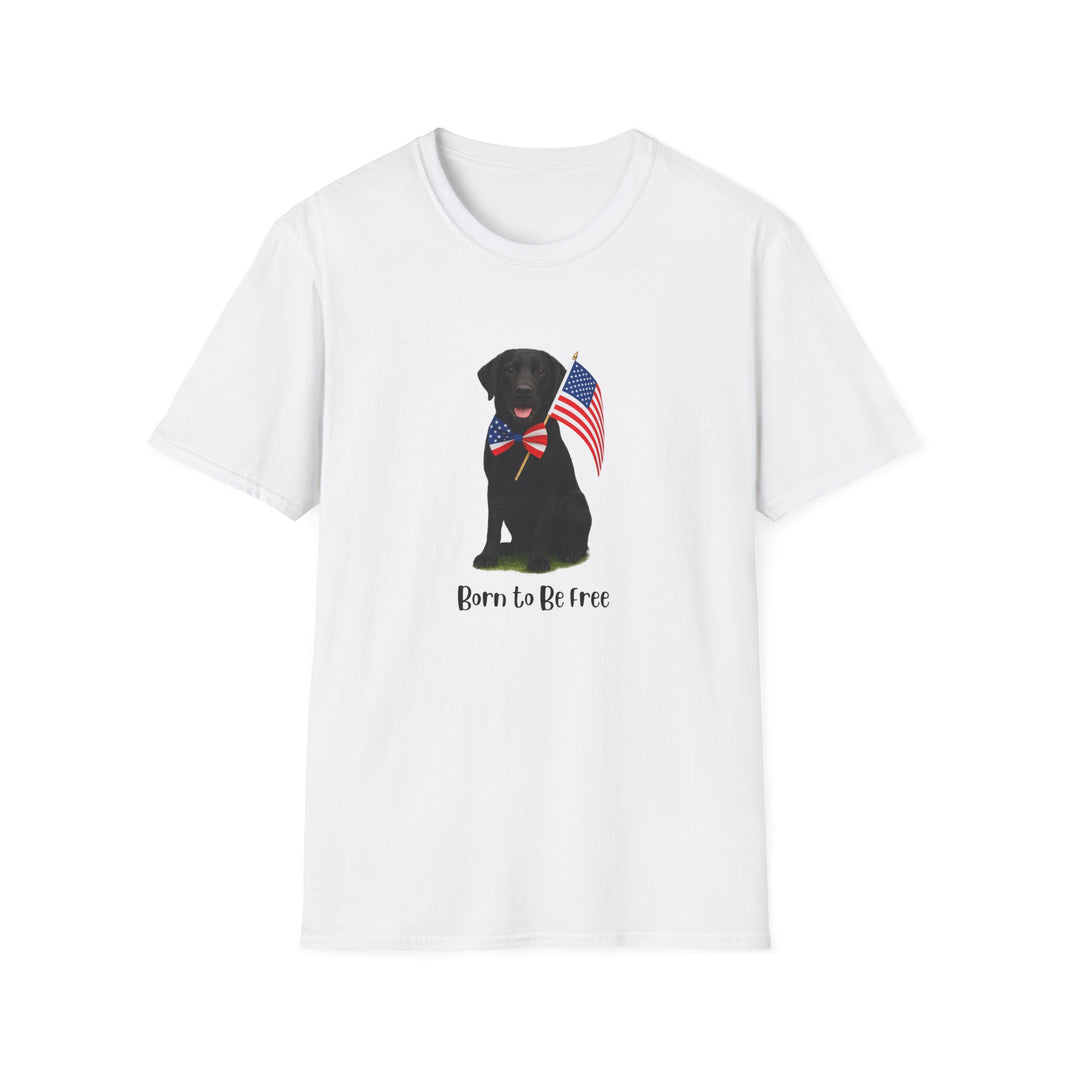 White t-shirt featuring a patriotic Black Lab wearing an American flag bowtie and holding U.S. flags, with the Black Labphrase "Born to Be Free" printed below — perfect for dog lovers and patriotic Americans.