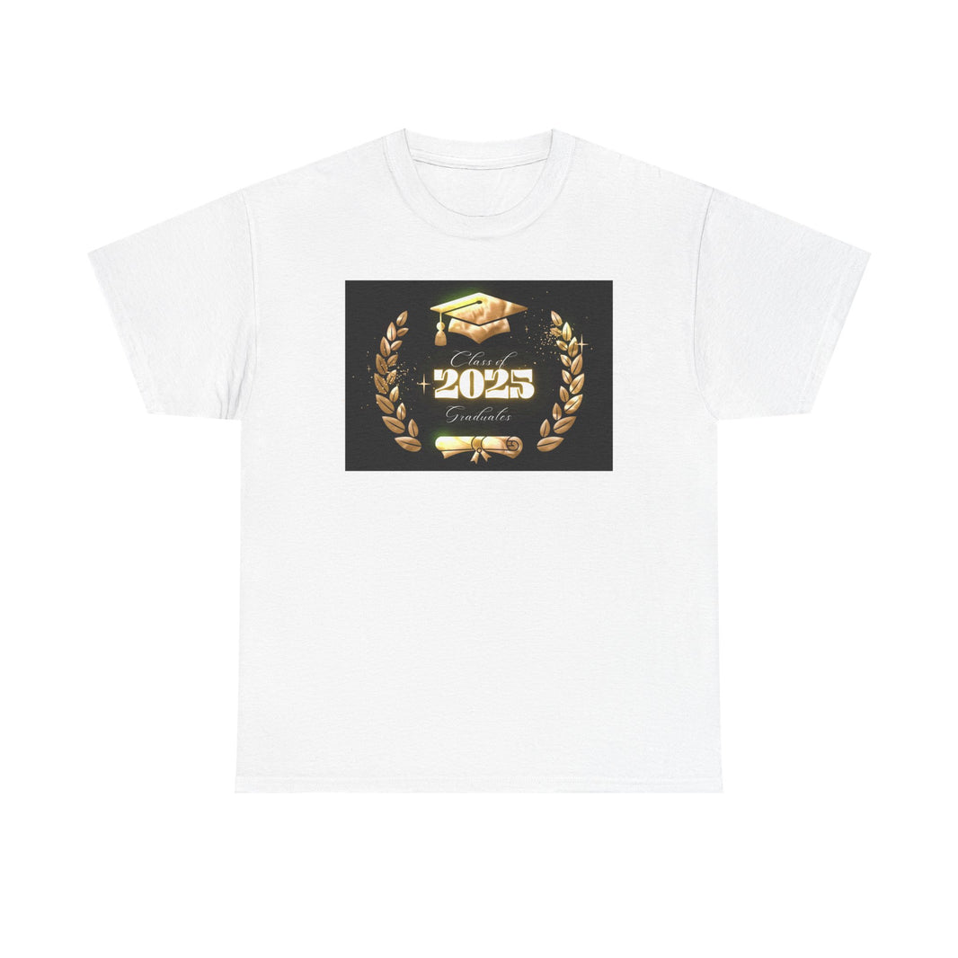 Light gray or white unisex T-shirt featuring a bold "Class of 2025 Graduates" design in gold, with a graduation cap, laurel wreath, and diploma printed on the front