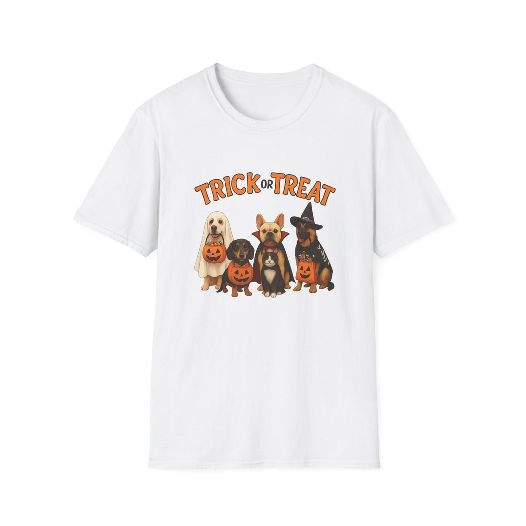 White t-shirt with 'Trick or Treat' text and cartoon dogs in costumes on a white background