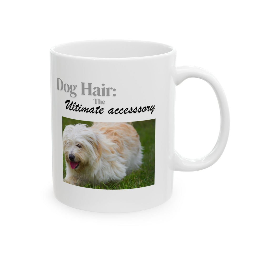 White ceramic mug featuring a photo of dogs lying on grass, with the humorous quote "Dog Hair: The Ultimate Accessory" printed below the image.