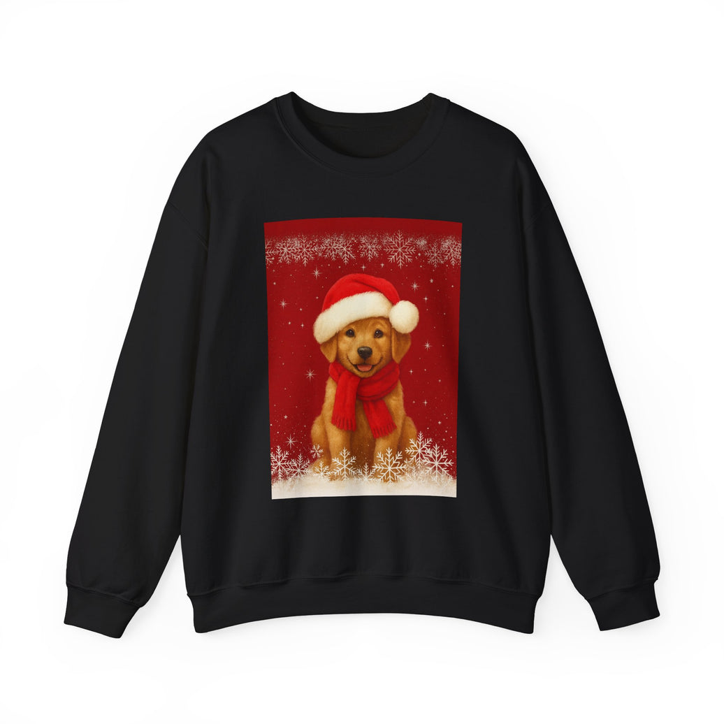 Black sweatshirt with a festive design of a dog wearing a Santa hat and scarf on a red background.