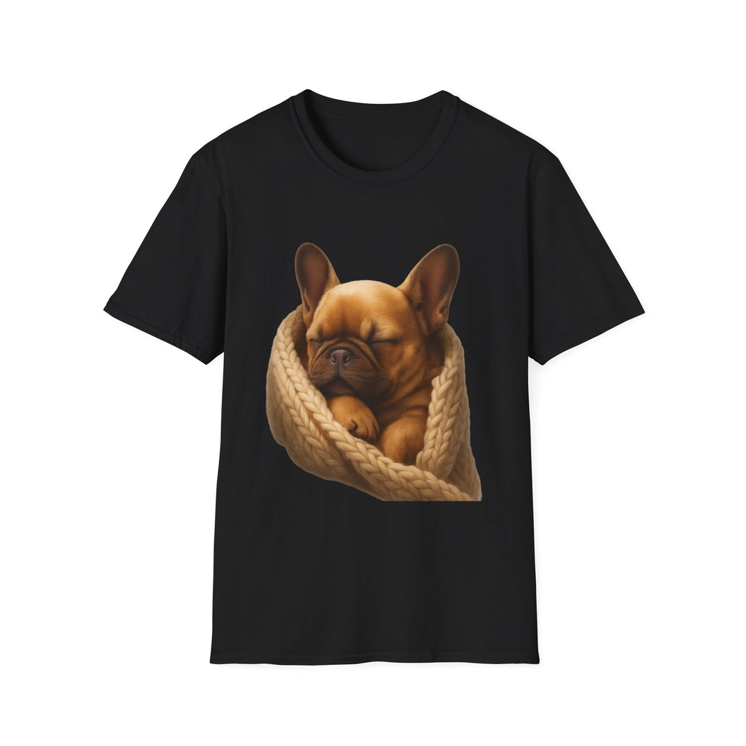 Black t-shirt with a dog design on a white background