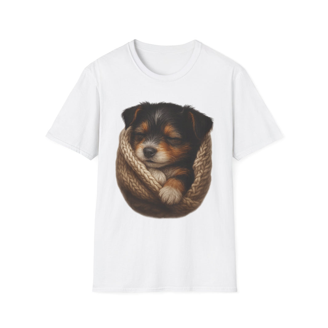 White t-shirt with a printed design of a dog in a knitted pouch on a white background