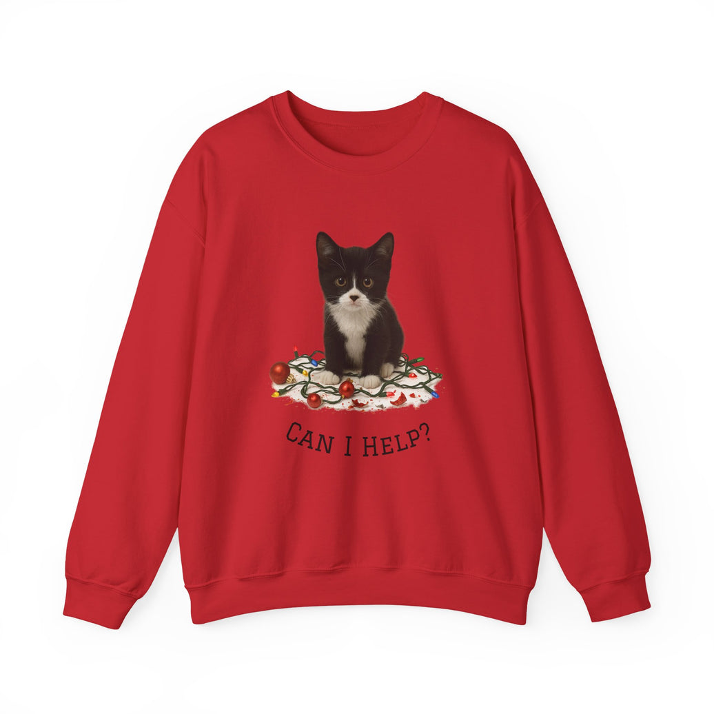 Red sweatshirt with a cat graphic and 'CAN I HELP?' text on a white background