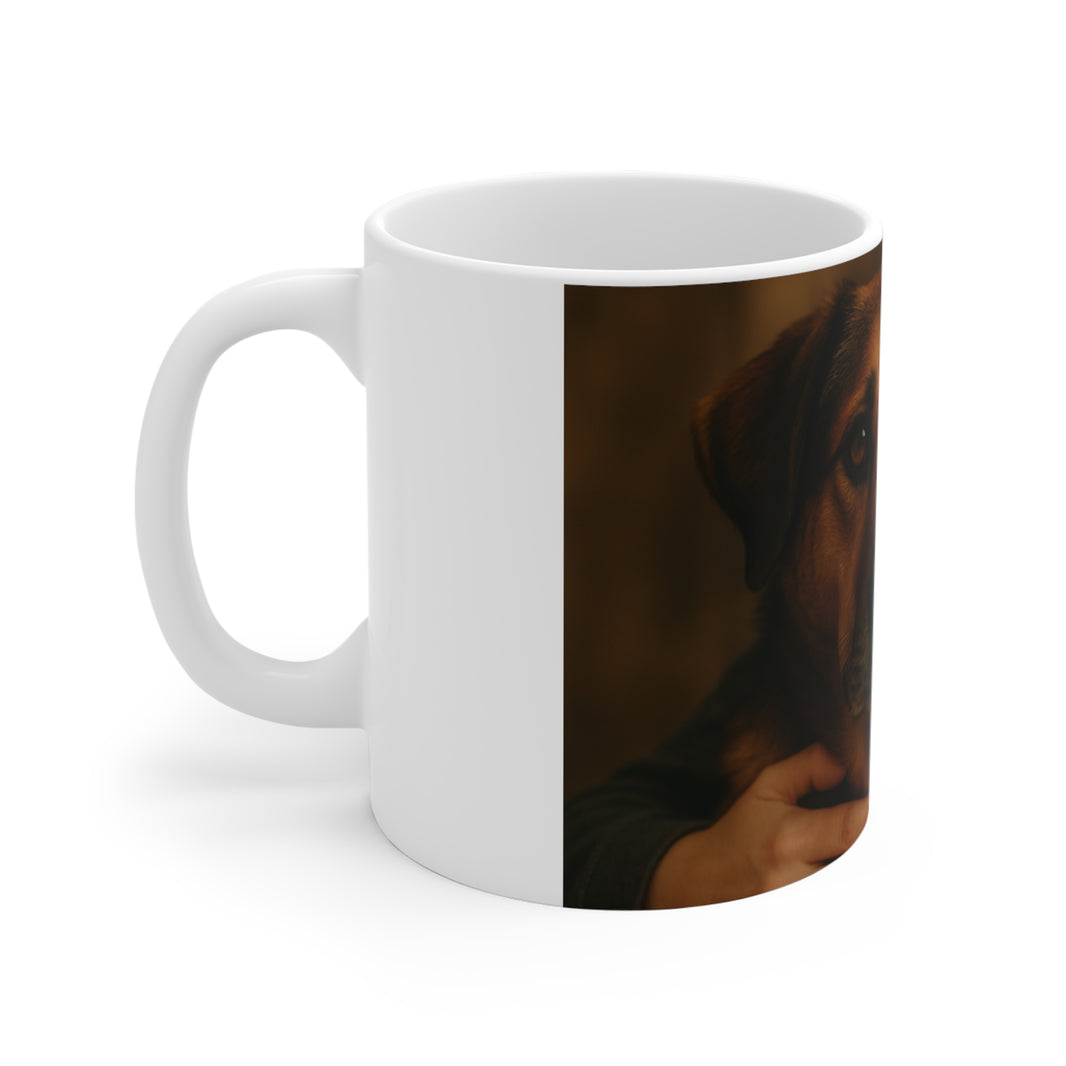 White mug with a black and brown abstract design on a white background