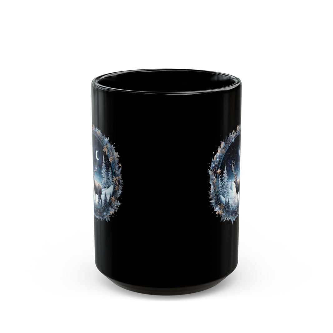 Black mug with a deer and moon design on a white background