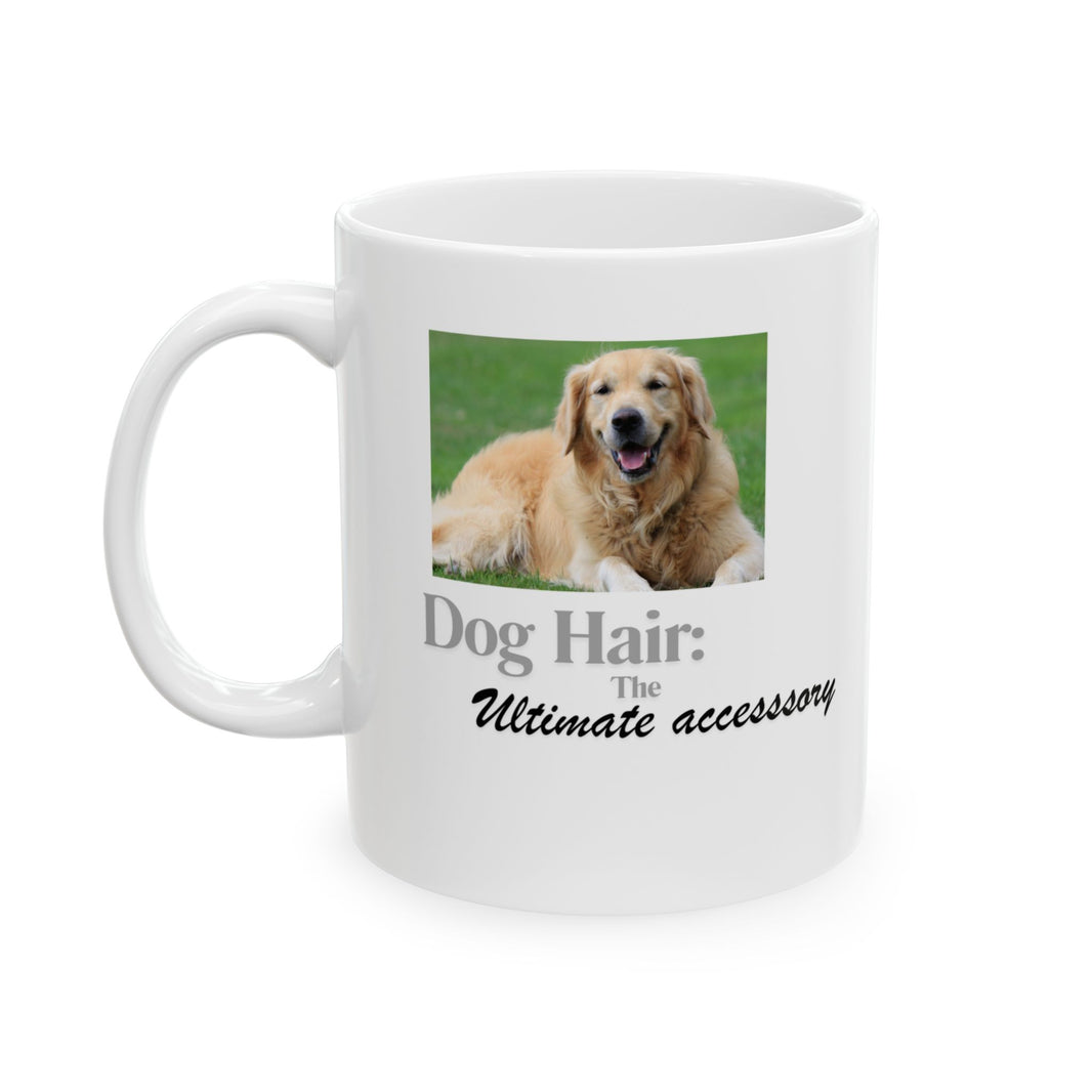 White ceramic mug featuring a photo of a smiling golden retriever lying on grass, with the humorous quote "Dog Hair: The Ultimate Accessory" printed below the image.