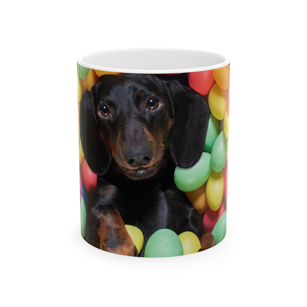 Springtime Paws: Dachshund Puppy in Easter Egg Meadow Ceramic Mug