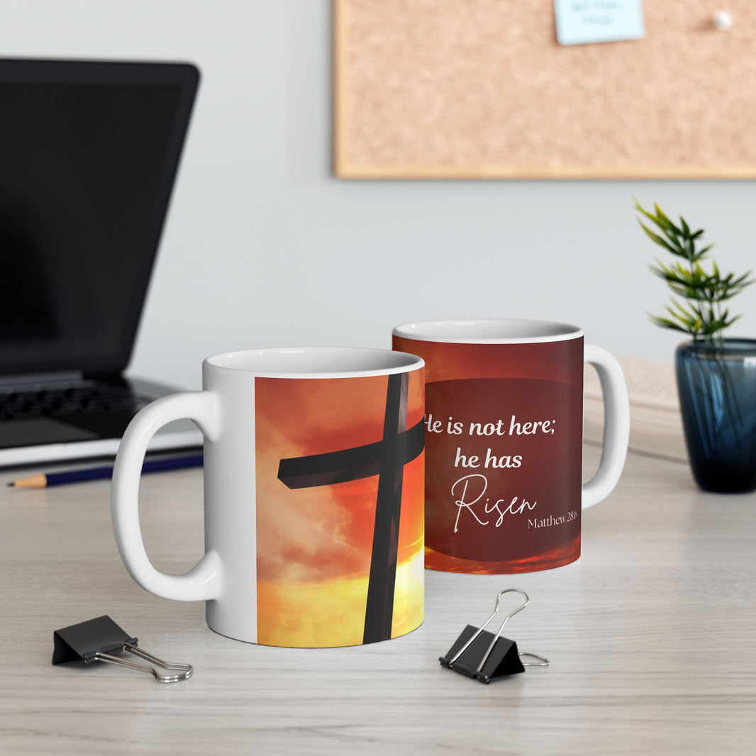 Printed with the uplifting Bible verse: “He is not here; he has Risen – Matthew 28:6”,