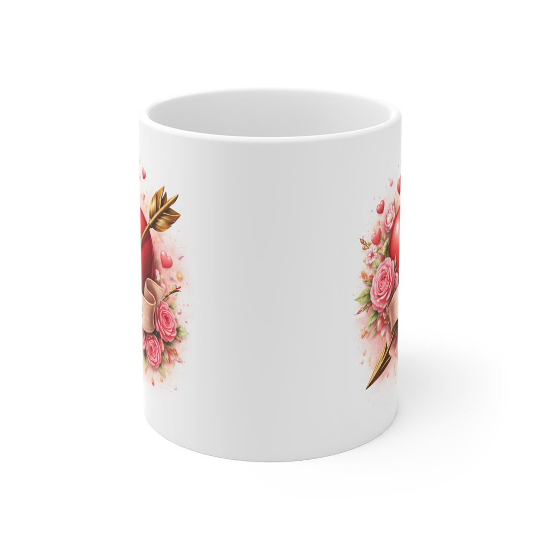 White mug with floral design on a white background