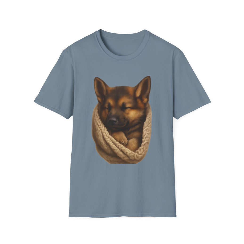 Blue t-shirt with a dog and knitted scarf design on a white background