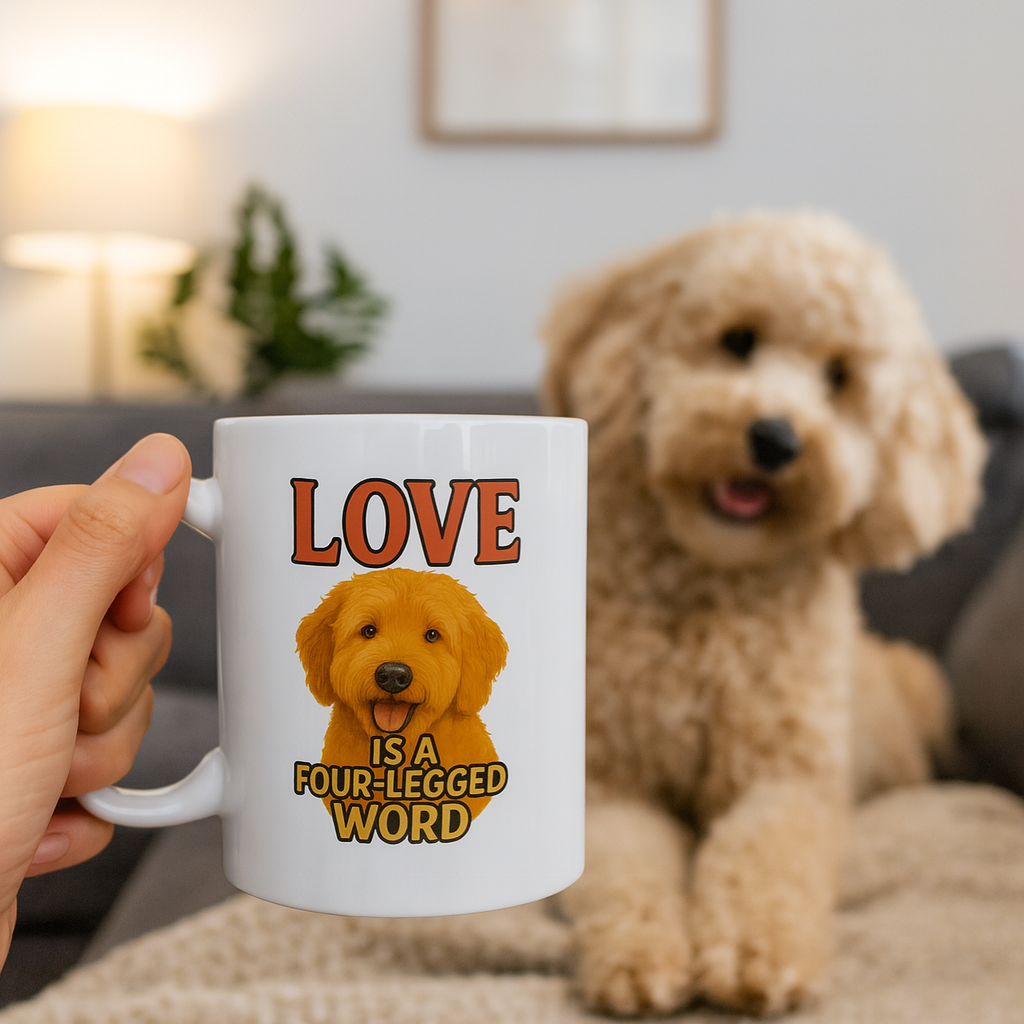 Person holding a mug with a dog illustration and text, sitting next to a fluffy dog indoors.
