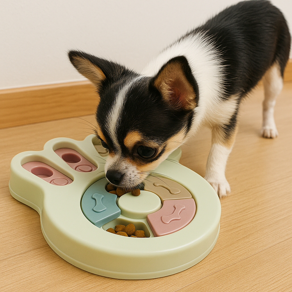 A small tricolor Chihuahua sniffs at a green paw-shaped puzzle toy on a light wood floor, investigating hidden treats under pastel-colored sliding pieces.