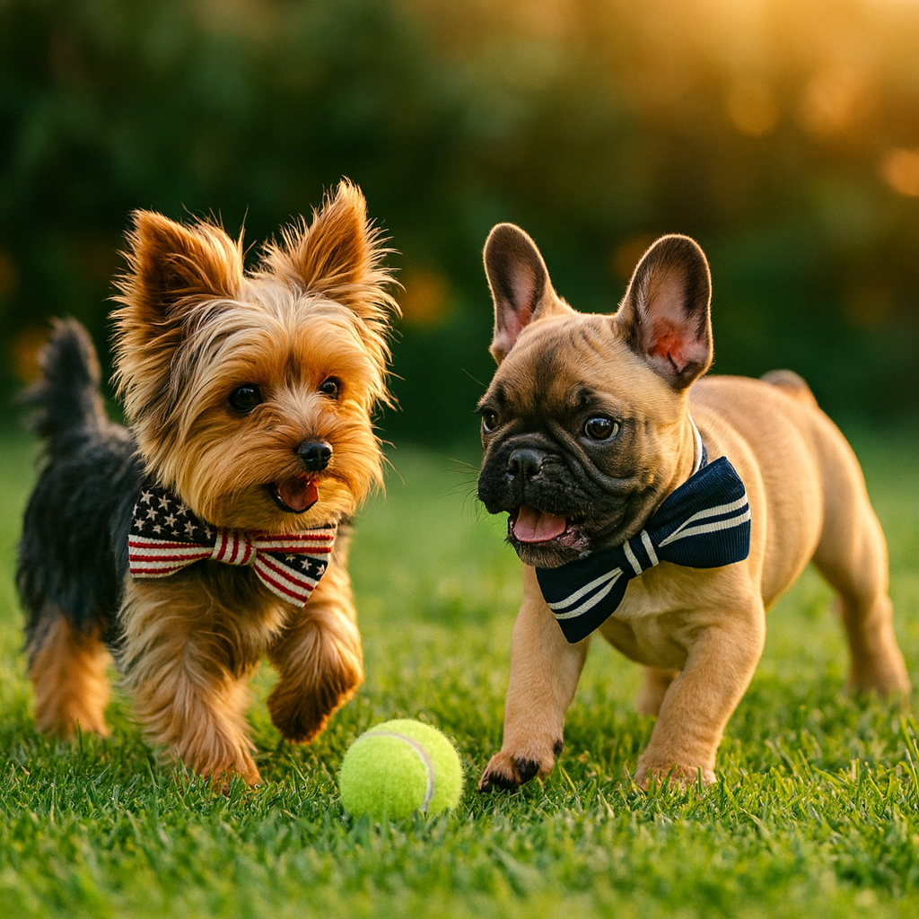 Two small dogs wearing bowtie collars playing with a tennis ball outside