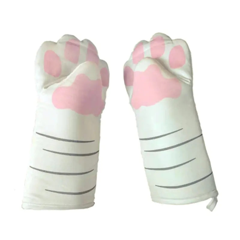Pair of white oven mitts with pink paw prints on a white background