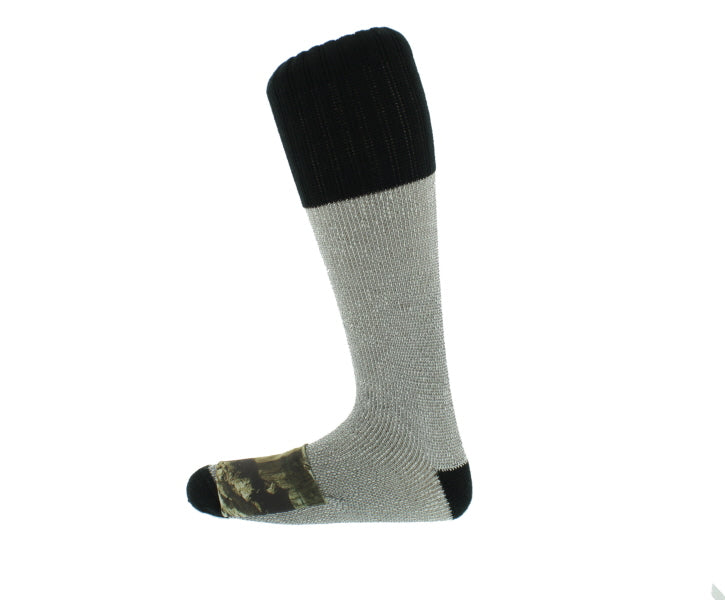 A pair of acrylic socks with a camouflage pattern on the ankle area and black from the knee down, designed to be worn with disposable warmers.