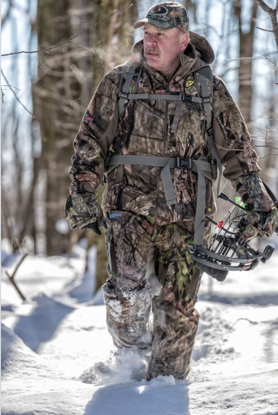 Hunter dressed in camo wear the heated socks