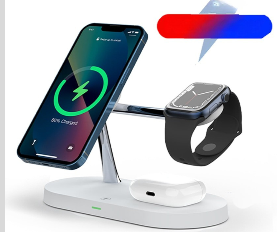 Wireless charging stand with smartphone and smartwatch on a white background