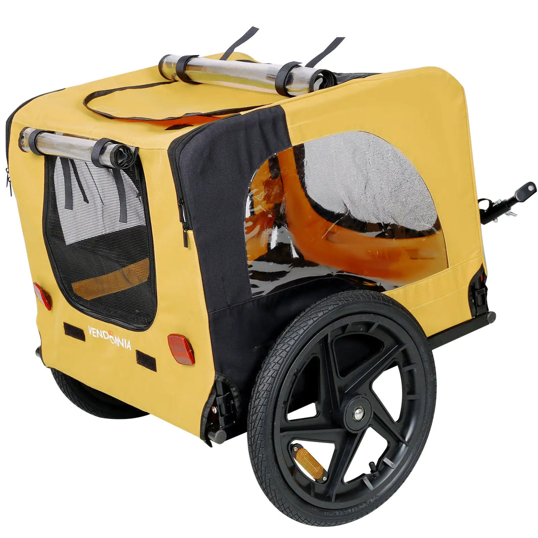 Bicycle pet trailer, small to large dogs weighing up to 88 pounds, folding frame carrier, quick release wheels, universal bicycle coupler