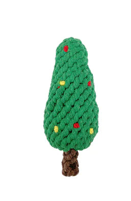 Knitted Christmas tree toy with red and gold decorations on a white background