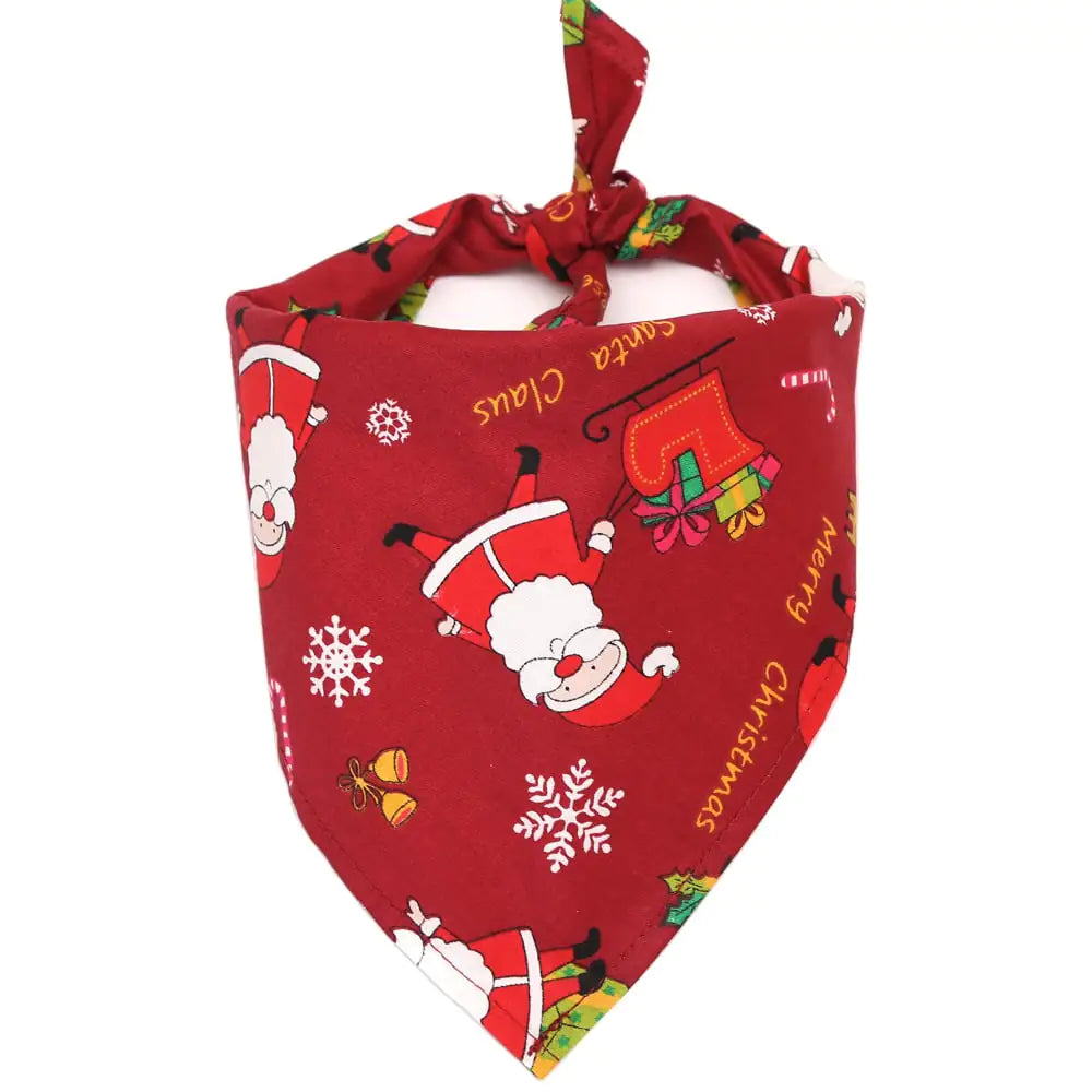 Red Christmas-themed bandana with Santa Claus and snowflakes on a white background