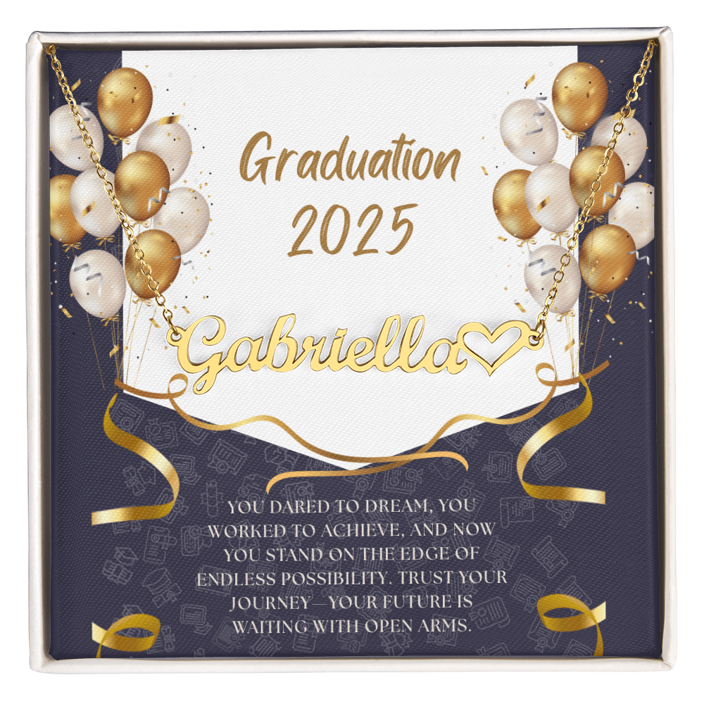 Close-up of a personalized gold name necklace with heart, set against a message card that reads "Graduation 2025" and includes an inspiring graduation quote, with gold and white balloons in the background.