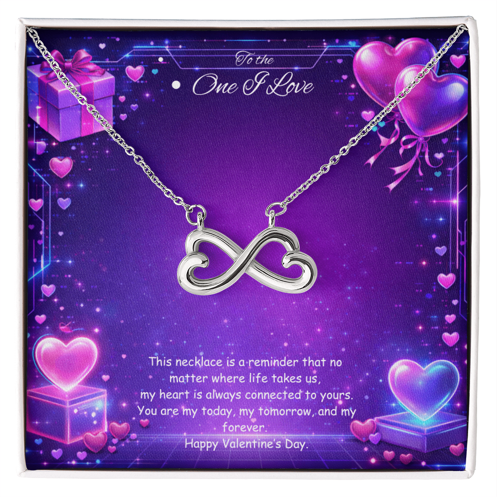 Silver infinity heart necklace displayed in a gift box on a purple Valentine-themed background symbolizing endless love.