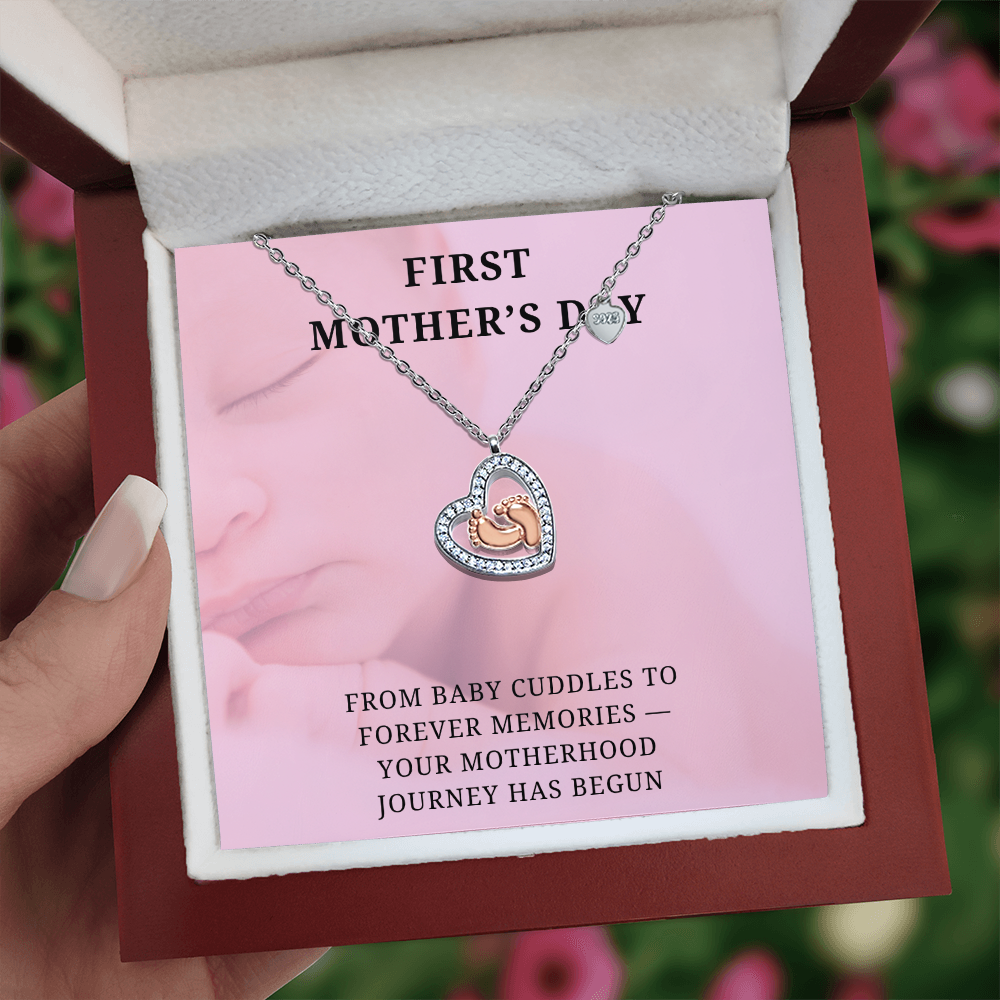 New Mom, New Love – First Mother's Day Heart Necklace with babies feet in center