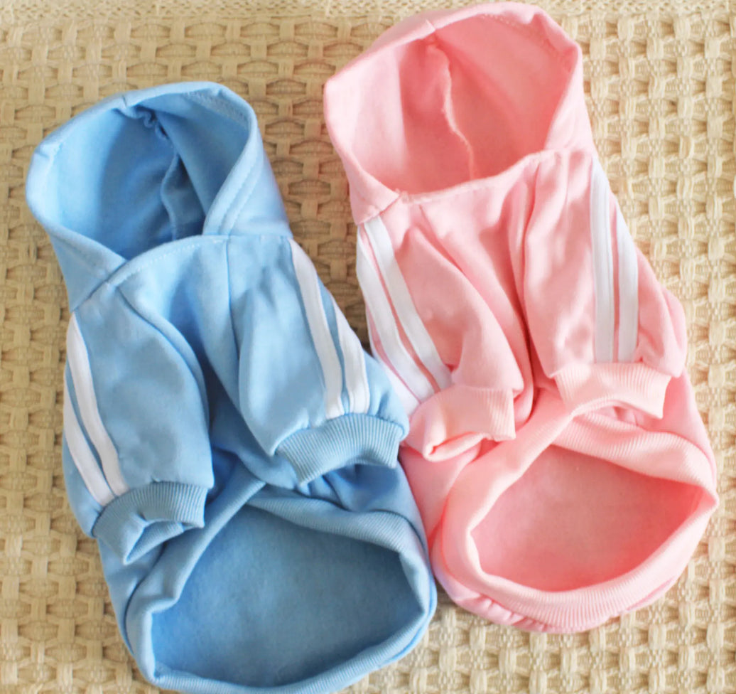 Two dog hoodies, one blue and one pink, on a woven surface.