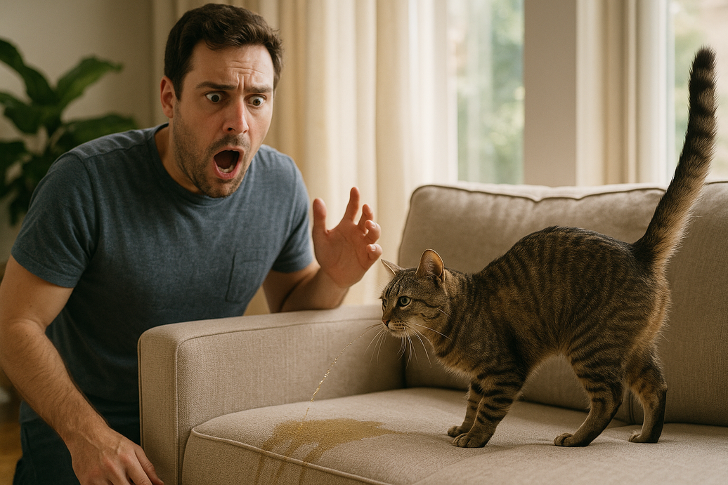 Man looking in horror at his cat that has sprayed his sofa