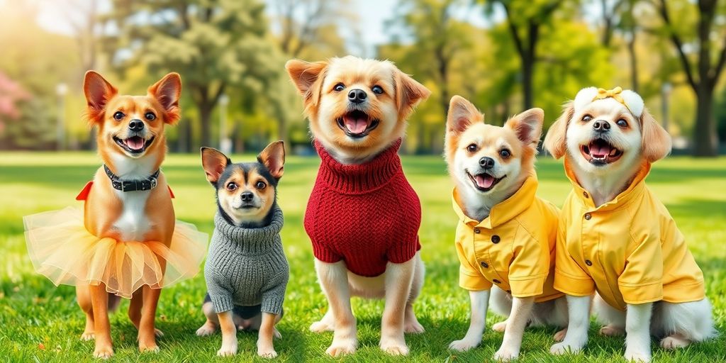 Cute dogs dressed in fashionable outfits at the park.