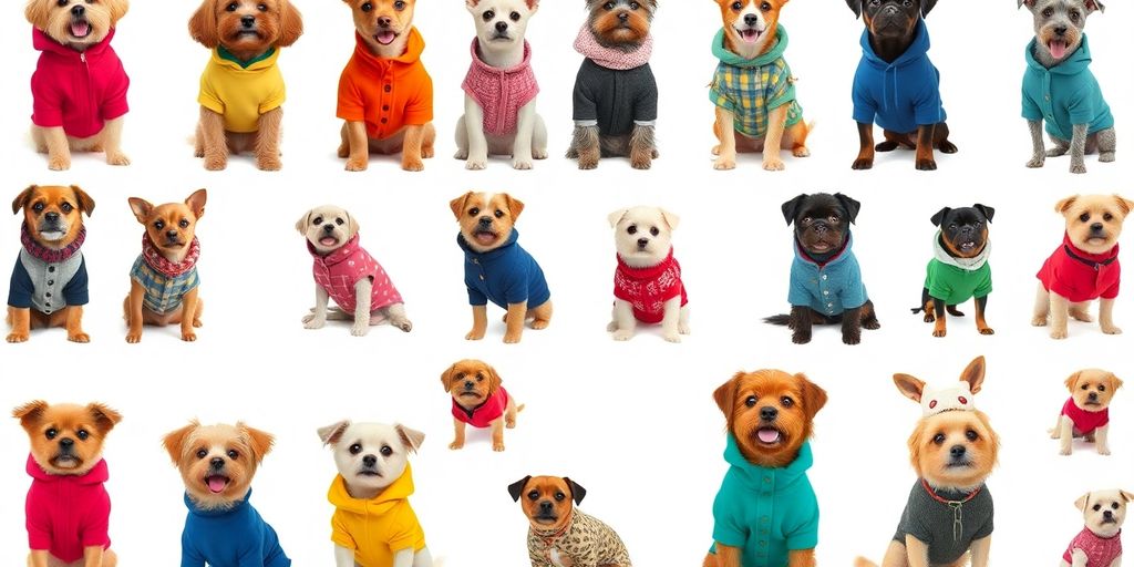Stylish clothing for dogs displayed on various breeds.