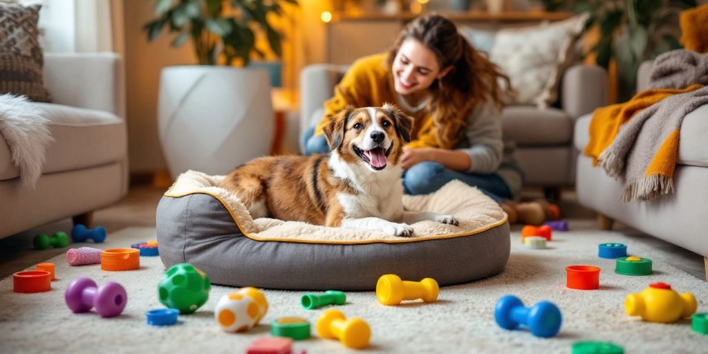 Cozy living room with dog bed and toys.