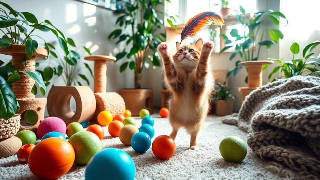 Cat playing with feather toy among indoor enrichment items