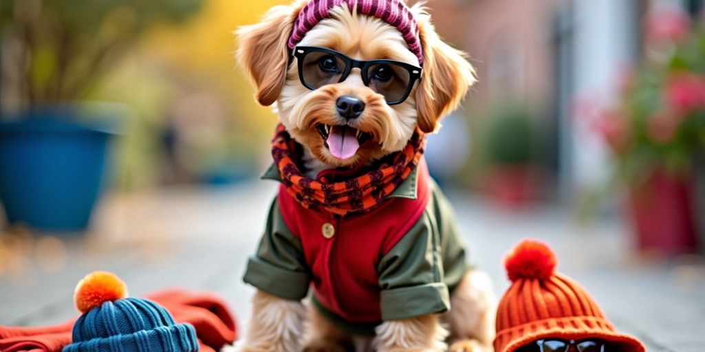Stylish dog in seasonal outfit with colorful accessories.