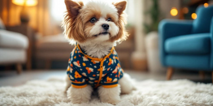 Stylish dog in colorful long clothing at home.