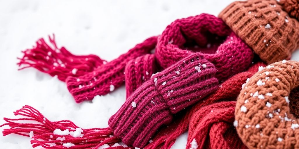 Cozy winter accessories: scarf, gloves, and beanie.