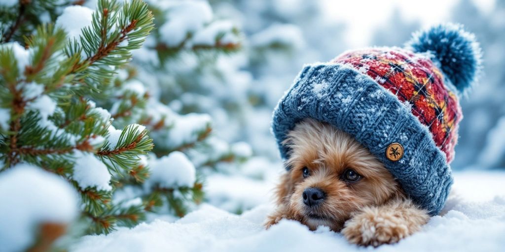 Winter hiking cap on snow-covered ground with pine trees.